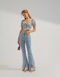 Puff-Sleeve Floral Cropped Top