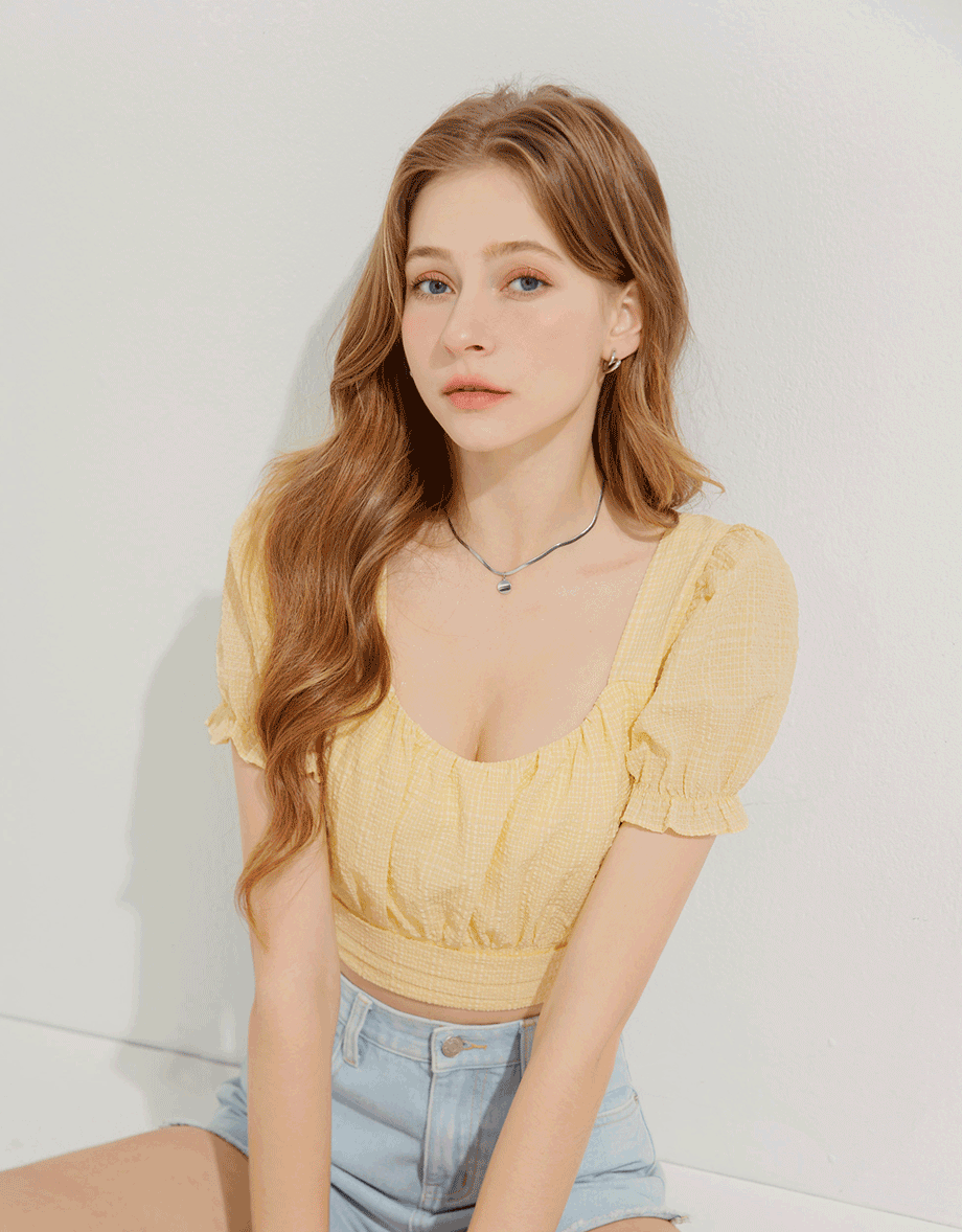 Seersucker Pleated Sleeve Top