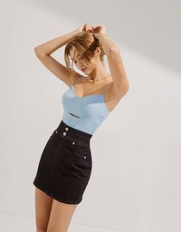 Stitched Double ButtonHigh Waisted Denim Jeans Skirt