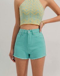 Distressed Hem High Waisted Denim Jeans Shorts