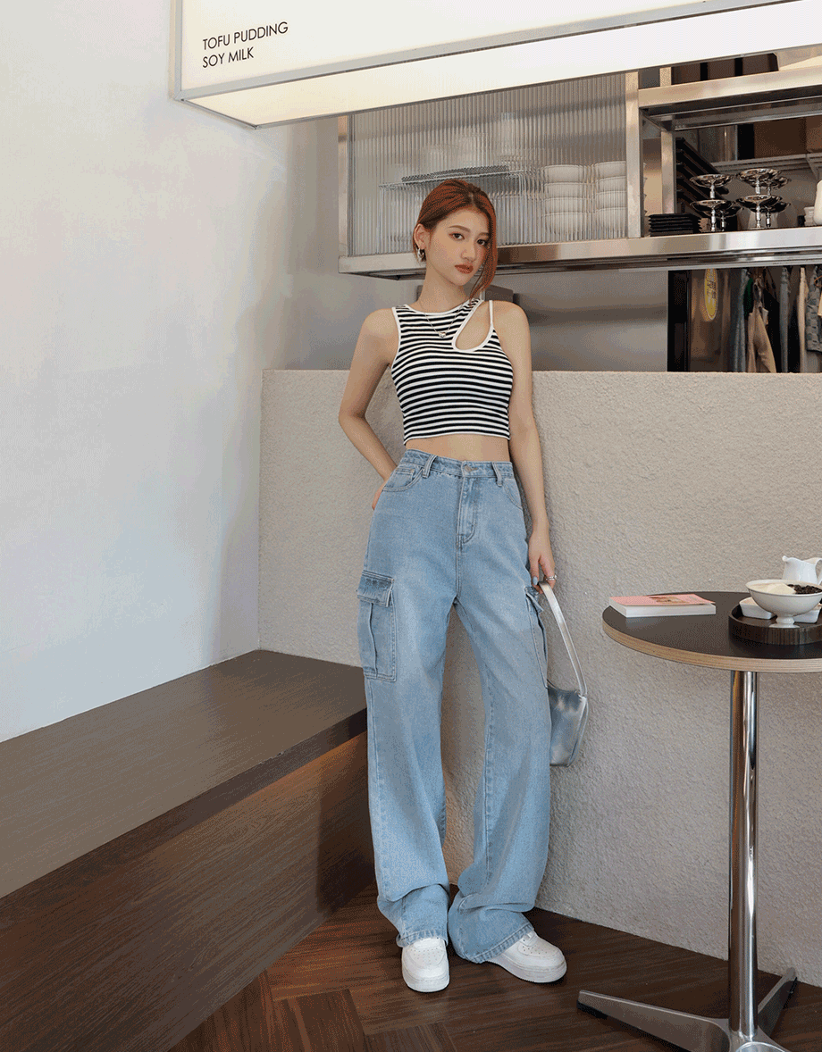 Straight-Leg Cargo Denim Jeans Pants