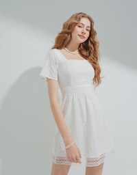 Square Neck Embroidered Lace Mini Dress