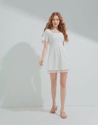 Square Neck Embroidered Lace Mini Dress