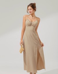 Wrinkle Waist Slit Maxi Long Dress (With Padding)