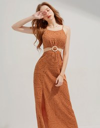 Waist Tie Hollow Maxi Long Dress (with padding)
