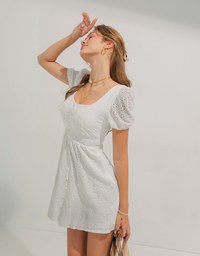 Embroidered Lace With Puffed Sleeves Mini Dress(With Padding)