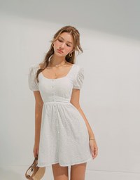 Embroidered Lace With Puffed Sleeves Mini Dress(With Padding)
