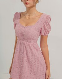 Embroidered Lace With Puffed Sleeves Mini Dress(With Padding)