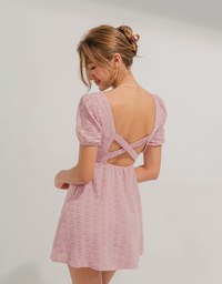 Embroidered Lace With Puffed Sleeves Mini Dress(With Padding)