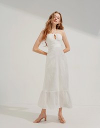 Wood Ring Embroidered Maxi Long Dress (With Padding)