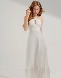 Wood Ring Embroidered Maxi Long Dress (With Padding)