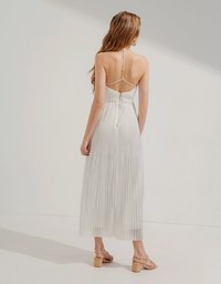 Gold Button Low-Cut Pleated Maxi Long Dress (With Padding)