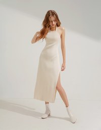Knit Halter Hollow Slit Long Dress