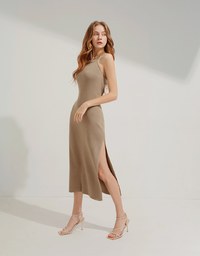 Knit Halter Hollow Slit Long Dress