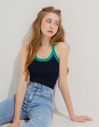 Contrast Collar Halter Knit Tank Top