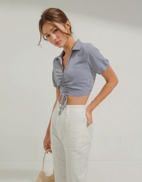 Open Collar Drawstring Crop Top