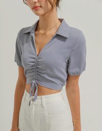 Open Collar Drawstring Crop Top