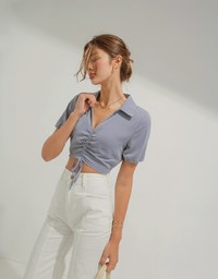 Open Collar Drawstring Crop Top