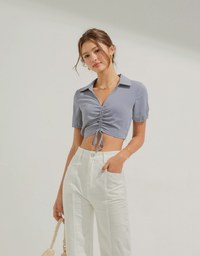 Open Collar Drawstring Crop Top
