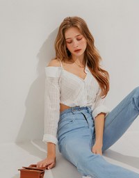 Fake Two Piece Sheer Slanted Shoulder Crop Top