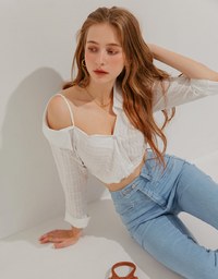Fake Two Piece Sheer Slanted Shoulder Crop Top