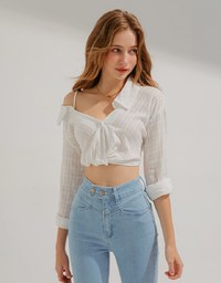 Fake Two Piece Sheer Slanted Shoulder Crop Top