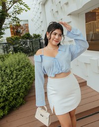 Fake Two Piece Sheer Slanted Shoulder Crop Top
