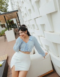 Fake Two Piece Sheer Slanted Shoulder Crop Top