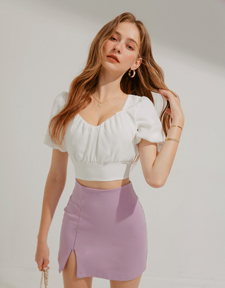 Heart Neck Puff Sleeve Shirred Top