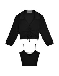 Two-Piece Sheer Drawstring Cropped Shirt