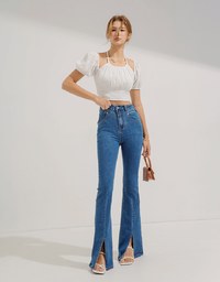Shirred Plaid Crop Top