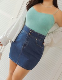 Stitched Double ButtonHigh Waisted Denim Jeans Skirt