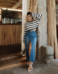 Concealed Placket Slit Denim Jeans Maxi Skirt
