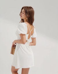 Peach Heart Neck Puffed Sleeves Strap Mini Dress (with padding)