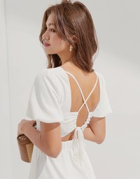 Peach Heart Neck Puffed Sleeves Strap Mini Dress (with padding)