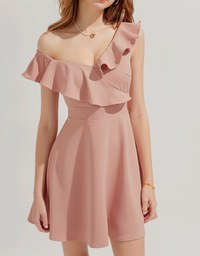 Slanted Shoulder Lotus Leaf Mini Dress