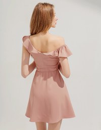 Slanted Shoulder Lotus Leaf Mini Dress