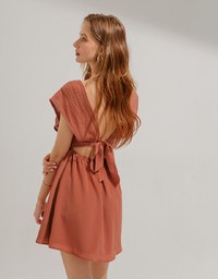 Deep V EmbroideredLace Strap Mini Dress (With Chest Pad)