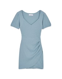 Heart Neck Puff Sleeves Shirred Mini Dress