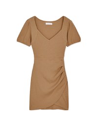 Heart Neck Puff Sleeves Shirred Mini Dress