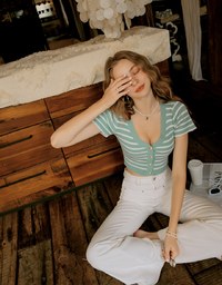 Striped Button- Knit Top