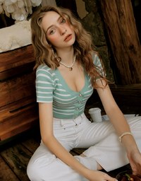 Striped Button- Knit Top