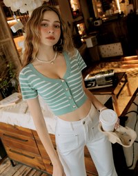 Striped Button- Knit Top