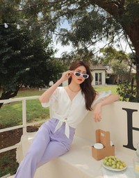 Sheer Buttoned Front Tie Top
