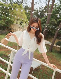 Sheer Buttoned Front Tie Top