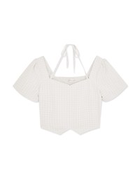 Sheer Plaid Puff Sleeve Tie Top