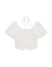 Sheer Plaid Puff Sleeve Tie Top