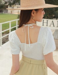 Sheer Plaid Puff Sleeve Tie Top