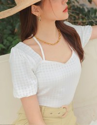Sheer Plaid Puff Sleeve Tie Top