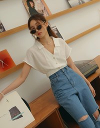 Lapel Cinched Waist Tencel Top